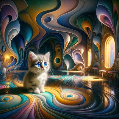 The primary subject of the image is a small kitten with blue eyes. The kitten is standing on a colorful, swirling carpet, which serves as the setting for the scene. The visual style of the image is a painting, with a vibrant and lively atmosphere. The colors and mood of the painting are predominantly bright and cheerful, with the kitten being the focal point of the scene.